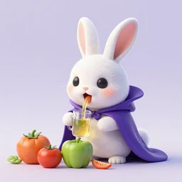 an adorable bunny vampire is sucking the juice out of vegetables because it\'s so hungry, 3d render