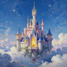 floating castle in jewel tones, clouds around the bottom, stars in the distance, fantasy realm, golden windows, beautiful, painting by Thomas kincade