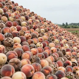 a sloping hillside filled with cascading rotten peaches