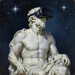 statue of socrates wearing a virtual reality headset looking up towards the stars, oil painting