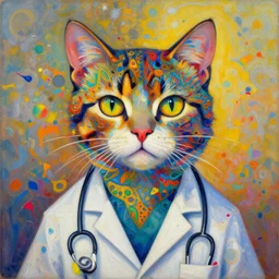 doctor cat portrait an oil painting splashes with many colors and shapes by gustav klimt greg rutkowski and alphonse mucha, polycount, generative art, psychedelic, fractalism, glitch art