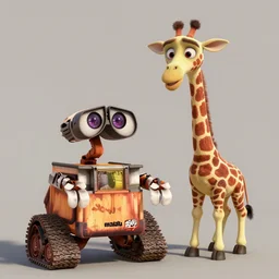 pixar animation of wall - e and sofie the giraffe, award winning, 8 k