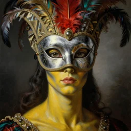 a baroque neoclassicist close - up portrait of a colorful alien genie gazing intensely with yellow skin, big eyes, wearing a silver retrofuturistic venetian carnival mask with iridescent feathers and silk. head, face and shoulders, foggy background. renaissance portrait painting. highly detailed science fiction painting by norman rockwell, frank frazetta, syd mead and moebius. rich colors, high contrast, gloomy atmosphere, dark background. trending on artstation.