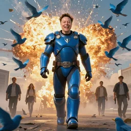a cinematic scene of a giant smirking elon musk in sky blue armor walking toward the camera from a explosion of blue twitter birds, atmospheric lighting, painted, intricate, volumetric lighting, beautiful, golden hour, sharp focus, ultra detailed, by Leesha Hannigan, Ross Tran, Thierry Doizon, Kai Carpenter, Ignacio Fernández Ríos