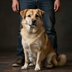 A Dog sitting on the guy