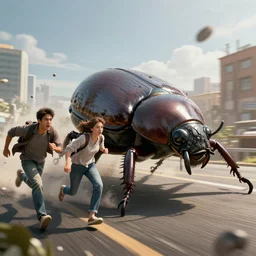 people running in fear from a giant beetle, realistic, unreal engine