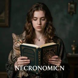 photo of the girl, her cat and her necronomicon book, symmetrical, cinematic, real dlsr photography, sharp focus, 4 k, ultra hd, sense of awe, occult journal cover