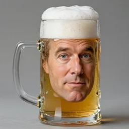 stephen colbert face in a clear foamy beer stein, 8 k, ultra realistic details