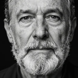 close up of an old man's face with a beard, black background, greyscale, award winning photography