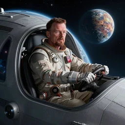 Walter White riding inside of a space ship, orbiting a strange planet, hyperdetailed, artstation, cgsociety, 8k