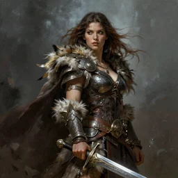 A full portrait of a very beautiful berserker woman, holding a sword, fur armor, by Frank Frazetta, Greg Rutkowski, Boris Vallejo, epic fantasy character art, Exquisite detail, post-processing, low angle, masterpiece, cinematic