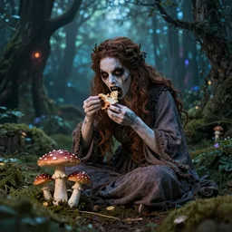 A scary fairy eating mushrooms in a magical forest