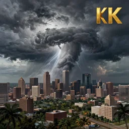 an ultradetailed landscape painting of a tropical storm over houston, looming ominous over a city, hurricane, lighting, tornados, intricate detail, cinematic, 8 k, cel shaded, volumetric lighting, octane render, art by greg rutkowski, jeong seon, in the style of magic the gathering and anime