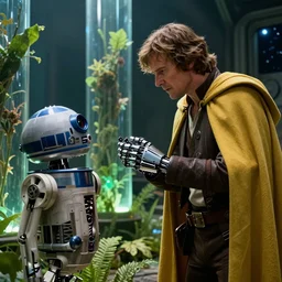 cinematic still image screenshot portrait of cybernetic luke skywalker wearing a yellow cape stares down at his cybernetic hand, while he is talking to a lonely medical droid, from the tv show on disney + anamorphic lens, ending from empire strikes back crisp 4 k imax, lit from below, plant forest in glass tubes, underlight, moody iconic scene, a window frame into space behind