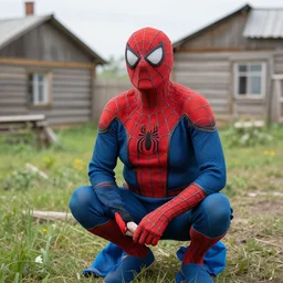 photograph of a real communist old woman spiderman in rural russia
