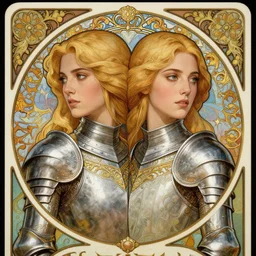 head-on symmetrical centered painted portrait, Mais Hamdan and Elisha Cuthbert as a paladin, blonde hair, ornate iron armour, art nouveau, tarot card style, fantasy, intricate, elegant, highly detailed, smooth, sharp focus, illustration, artstation, in the style of Artgerm and Anna Podedworna and Alex Ross and Mucha