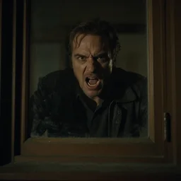 still image from a found footage movie of devito staring hungrily through a window at night