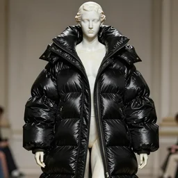 well lit fashion shoot portrait of extremely beautiful female marble statue wearing huge over size puffer jacket by rei kawakubo, haute couture, comme de garcon, balenciaga, sharp focus, clear, detailed,, cinematic, detailed, black, glamorous, symmetrical, vogue, editorial, fashion, magazine shoot, glossy