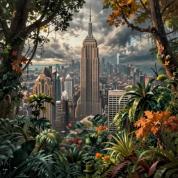 new york invaded by the jungle, artwork by sergey kolesov & sylvain sarrailh, detailed, dynamic, cinematic composition, autumn
