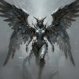 Frightening biblically accurate angel with cyberpunk wings, digital painting, 4k, HDR, concept art, detailed wings, smooth, sharp focus, illustration, art by Artgerm, H R Giger and Alphonse Mucha