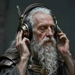 old wizard listening to godly music, mechanical headphones, ancient, futuristic, closed eyes, highly detailed, perfect proportions, highly intricate, art by tom bagshaw and alex gray