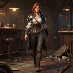 full body character portrait of a female lavellan from dragon age walking through a destroyed dive bar wearing inquisitor clothes, with a realistically proportioned face, realistically rendered face, 3 d model, 3 d character model, 3 d headsculpt, realistically rendered clothing, enhanced face, illustration, digital painting, realistic lighting, good value control, realistic shading, substance painter