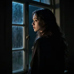 Halloween film, cinematic color tones. Scene where a woman looking the window at night, dark lighting, focus her back