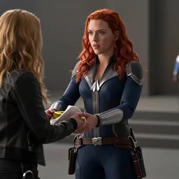 movie still of Scarlett Johansson handing over her things to Avril Lavigne to be the new Black Widow