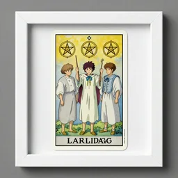 three of pentacles tarot card as drawn by studio ghibli, whole card, white frame, concept art