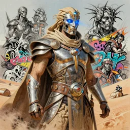 dune themed majestic paul atreides glowing blue eyed fremen warrior, desert breathing armor, graffiti, street art sketch by sachin teng, moebius, artgerm, michael cheval, esao andrews, francois boucher, masterpiece, intricate organic painting, matte painting, hard edges, highly detailed, cinematic lighting character art movie poster by drew struzan