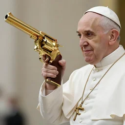 the pope holding a golden revolver, photorealistic, ultra detailed, high resolution, 8 k