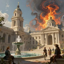 a neoclassical tower with dome on a fantasy city, next to a fountain and a mystical palace. by artstation trending, by joseph mallord william turner, luis royo, konstantin razumov, cinematic lighting, fractal flame, highly detailed