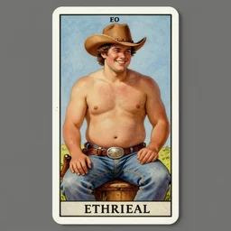 ethereal dramatic tarot card painting of a shirtless handsome smirking cowboy with a chubby beefy build and belly | sitting | background is a serene campfire | tin cans and jugs of whisky | tarot card, art deco, art nouveau | by Mark Maggiori | trending on artstation