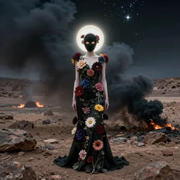 The full body shot of beautiful pale woman with many flowers and full-face black mask with glowing halo inside a thick black smoke in rocky desert landscape, glowing eyes, falling star on the background, burning earth by Christopher Doyle, Gaspar Noe, Alejandro Jodorowsky, anamorphic lens, cinematic composition, award winning photo, 8k