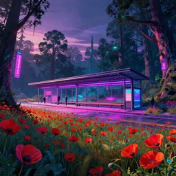 a beautiful detailed rendering of nature unfinished building bus station building by john william casilear, poppy fisheye synthwave nature anime thermal imaging darkacademia at dawn neon noir tron dramatic lighting alien meadow forest neon signs cyberpunk thermal vision retrowave, archdaily, wallpaper, highly detailed, trending on artstation.