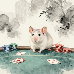 an albino rat playing poker, Chinese watercolor painting trending on artstation