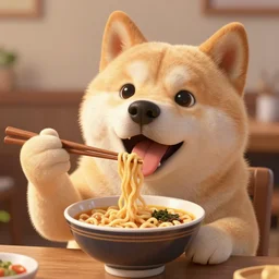 A happy dog holding chopsticks and eating a bowl of ramen, hyper realistic, insane detail, Pixar