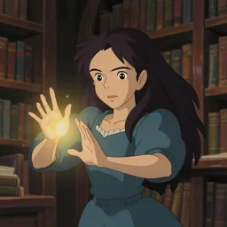 animation still frame of an attractive female sorceress ( long dark hair ) casting a spell, high angle closeup portrait, ( ( wholesome, ) ) blurry background of the library, disney, pixar, bbloom, medium shot, waist up, dramatic lighting, in the style of studio ghibli, j. c. leyendecker, greg rutkowski, artgerm