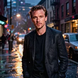 night flash portrait photography of michael fassbender on a rainy night on the lower east side by annie leibovitz, raining!!!, colorful!!, nighttime!!,