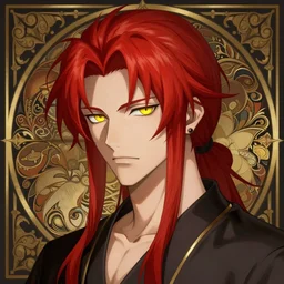 portrait of hisoka morow hunter hunter, male, sharp jaw yellow eyes narrow eyes red hair crimson medium length hair swept back hair anime, fantasy, intricate, elegant, highly detailed, digital painting, artstation, concept art, smooth, sharp focus, illustration, art by artgerm and greg rutkowski and alphonse mucha