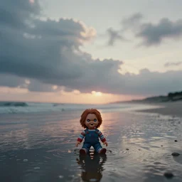 wide angle photograph of dramatic beach and sunset sky clouds above a tiny screaming chucky doll in water realistic cinematic ektar film 1 6 0