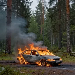 burning car standing in a beautiful swedish forest, highly detailed, hyperrealistic, very sharp focus, intricate, soft lighting, wide shot photograph, digital painting by simon stålenhag