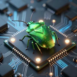 a green software bug sitting on a chipset, electronic circuits, futuristic, led lights, super detailed, 4K, octane renderer