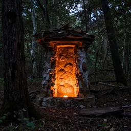 a well with glowing orange light emanating from it in the middle of an abandoned forest in dnd