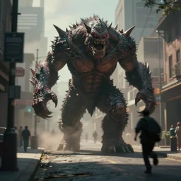 A giant evil monster roaming threw the streets of seasme street, blurry photo taken as if the photographer is running from the creature
