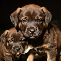 a cute puppy named shadow. portrait : shiny puppy. close - up : two shiny puppies. professional photography. cinestill photograph. tough lighting