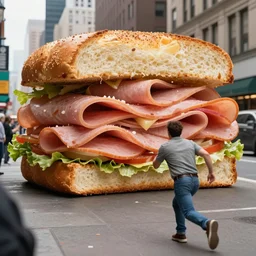 photo, a giant massive sentient ham sandwich chasing a man down the streets of new york city