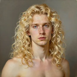 Painting of Dominik Sadoch with long fluffy curly blond hair. By J.C Leyendecker and Norman Rockwell. Androgynous clean shaven scandinavian white man. very very very blond curly hair. golden platinum blond hair. Pale and pretty.
