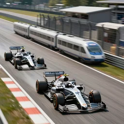 trains racing on an f 1 racetrack