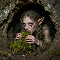 malnourished troglodytic elf hiding in a cave and eating moss, cave photo, grim, humorous